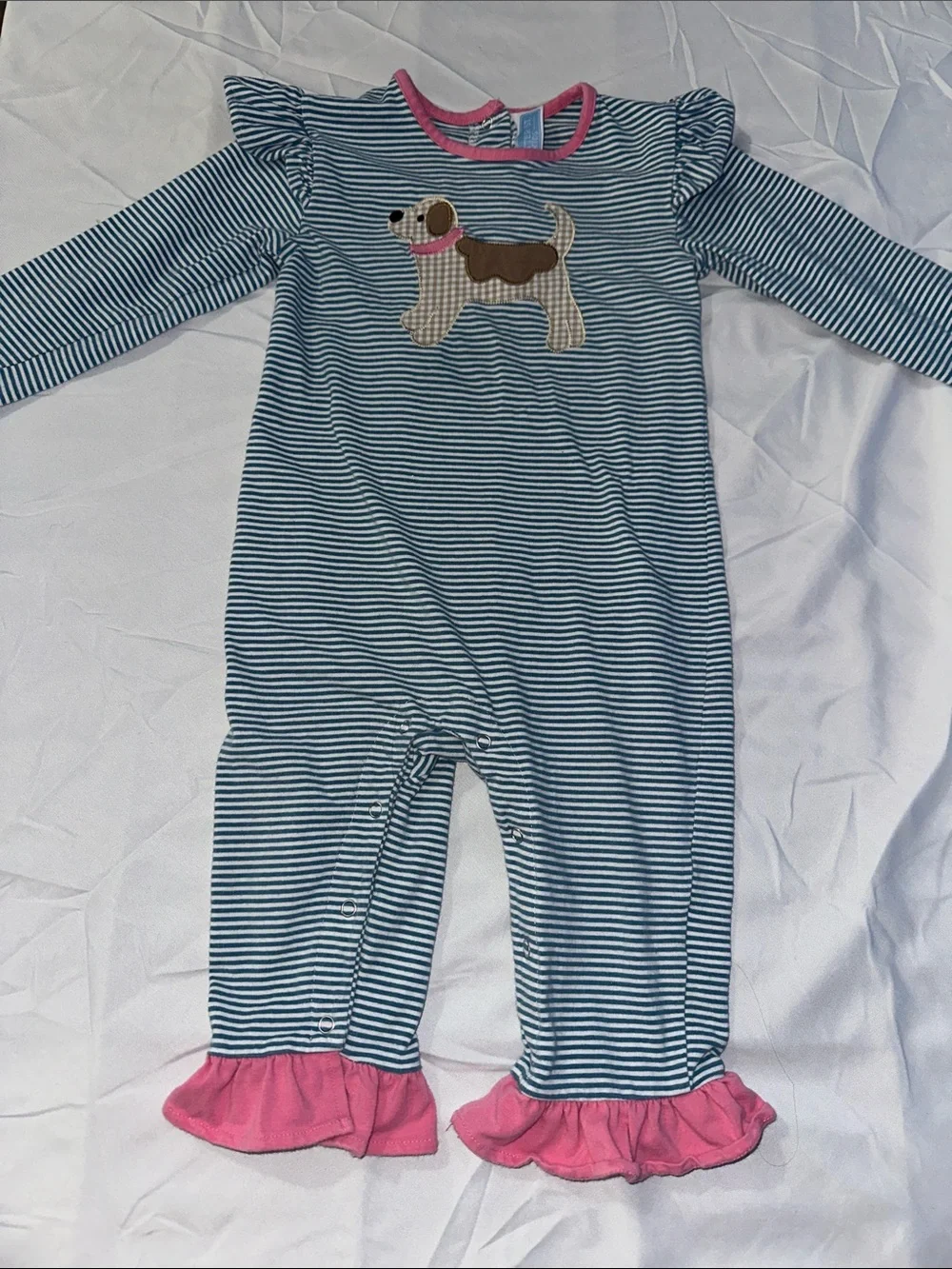 Blue & White Striped Baby one piece with Pink Trim and Puppy Applique